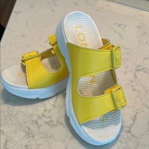 London Fog Yellow and White Sandals with Buckle Detail